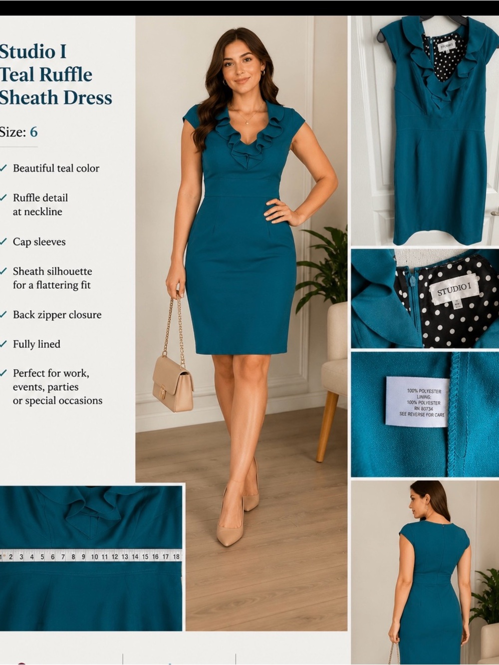 Studio I Teal Ruffle Sheath Dress - Cap Sleeve Midi